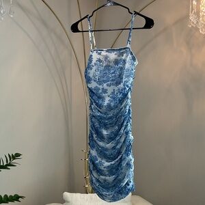 Blue and White Ruched Dress